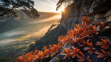 Scenic Valley View with Morning Mist and Glowing Sunlight Through Rocks photo