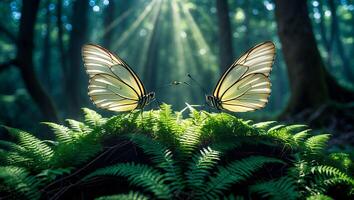 Two Butterflies Resting on Ferns in a Forest with Sunlight photo