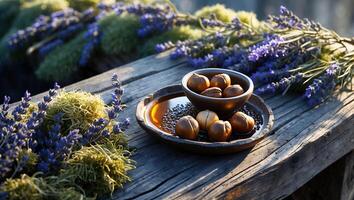 Macadamia Nuts and Lavender on Rustic Wooden Surface Still Life photo