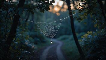 Spiderweb Covered in Water Droplets Hanging in Dark Forest Landscape photo