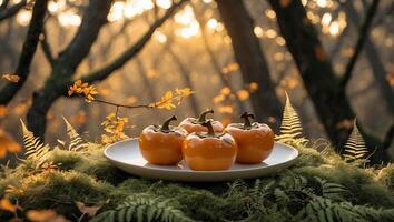Arranging Orange Persimmons on Plate in Forest with Golden Light photo