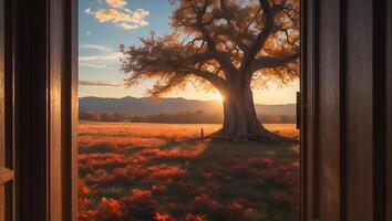 Viewing Majestic Tree in Field Through Open Door at Sunset photo