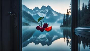 Cherries and Citrus Over a Mountain Lake Seen From Window photo