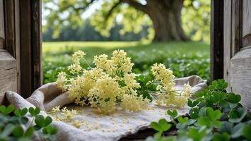 Arrangement of Light Yellow Flowers on Linen with Clover Foreground photo