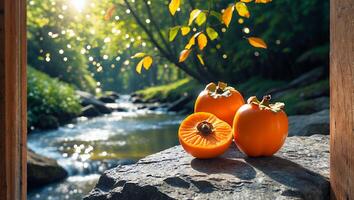 Persimmons on Rock Overlooking a Stream in the Forest photo