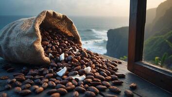 Spilling Cocoa Beans and Coconut From Burlap Sack Overlooking Ocean photo