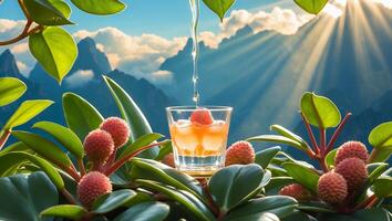 Pouring Drink Into Glass with Fruit and Plants on Mountain Scenery photo