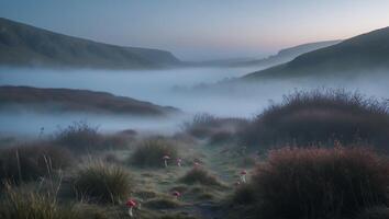 Mushrooms Growing in a Misty Valley Landscape at Dusk photo