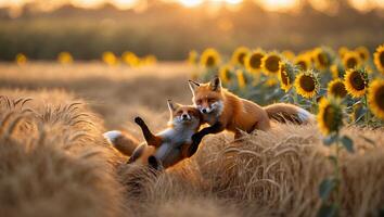 Two Foxes Playing in a Wheat Field with Sunflowers at Sunset photo