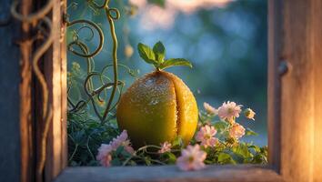 Ripe Citrus Fruit with Mint Leaves Surrounded by Delicate Flowers photo