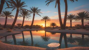 Palm Trees Reflecting in Oasis Pool at Sunset with Feather photo