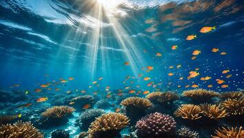 Swimming Orange Fish Over Coral Reef with Sunlight Streaming Through Water photo