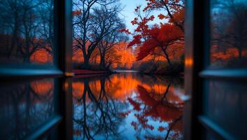 Autumn Foliage Reflected in Lake Viewed Through a Window Frame photo