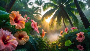 Hibiscus Flowers in a Tropical Forest at Sunrise with Mist photo