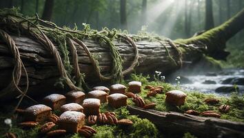 Mini Cakes with Nuts Displayed in Forest Nature Scene photo