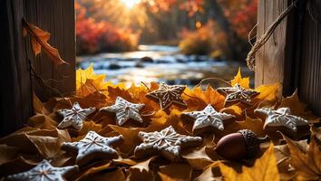 Star Cookies and Autumn Leaves with Woodland Scenery Background photo