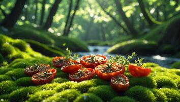 Arrangement of Tomatoes on Mossy Ground in Forest with Stream photo