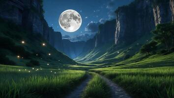 Moonlit Meadow Path with Fireflies Through Grassy Valley Landscape photo