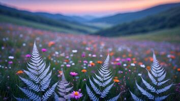 Ferns and Flowers in a Mountain Meadow at Sunset photo