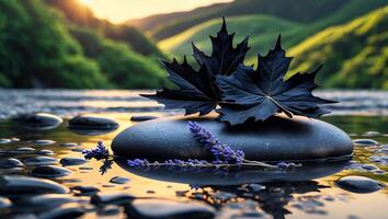 River Stone with Leaves and Lavender at Sunset in Green Valley photo