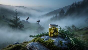 Jar of Pickles and Rosemary on Stone with Foggy Mountain View photo