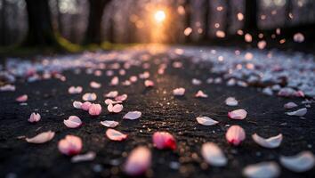 Scattered Flower Petals on Path at Sunset with Beautiful Light photo