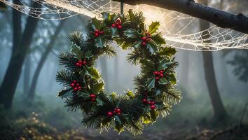 Hanging Holly Wreath in Misty Forest with Winter Cobweb Decor photo