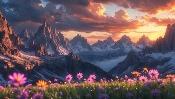 Mountains at Sunset with Wildflower Meadow in the Foreground photo