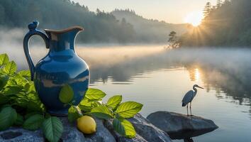 Blue Pitcher by Lake at Sunrise with Heron and Lemon Still Life photo