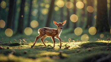 Spotted Fawn Walking Through Sunlit Forest Glade with Mushrooms photo