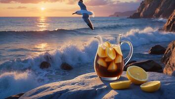 Lemonade Pitcher on Rocky Beach at Sunset with Flying Bird photo