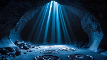 Rays of Light Shining Into Underground Cave Illuminating Round Stone photo