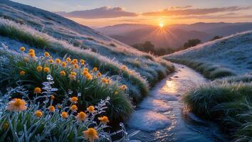 Stream Flowing Through a Meadow at Sunset with Yellow Flowers photo