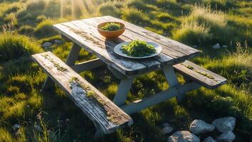 Picnic Table in Meadow with Salad and Sunlight Landscape photo
