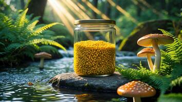 Glass Jar Filled with Yellow Pellets in a Forest Stream photo