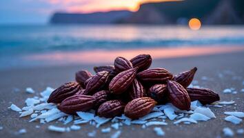 Cocoa Beans and Coconut Flakes on Beach at Sunset Scenery photo