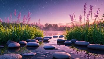 Tranquil Pond with Rocks and Grass at Dusk Under Starry Sky photo