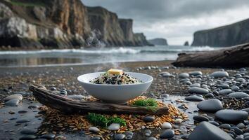 Rice Bowl with Butter on Beach Rocks Overlooking Ocean Cliffs photo