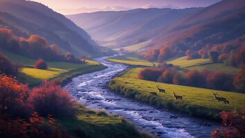 Flowing River in Mountain Valley with Autumn Trees and Deer photo