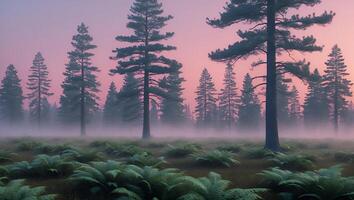 Foggy Forest Landscape at Sunset with Tall Trees and Green Ferns photo