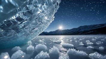 Icy Lake Landscape with Sparkling Ice Crystals and Mountain View photo
