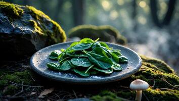 Serving Fresh Spinach on Plate in Mossy Forest Natural Setting photo