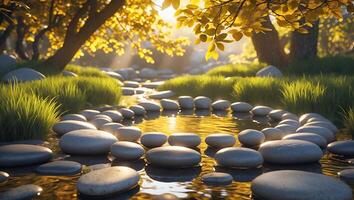 Stones Forming Circle Around Water with Golden Sunlight and Nature photo