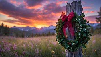 Festive Holly Wreath on Post with Red Bow at Sunset Landscape photo