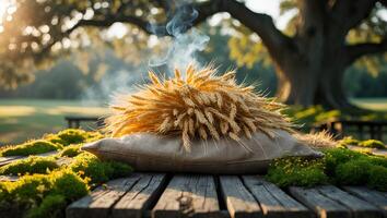 Wheat Bundle Resting on Pillow with Smoke in Outdoor Setting photo