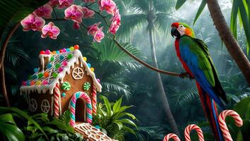 Gingerbread House and Colorful Parrot in Lush Tropical Forest photo