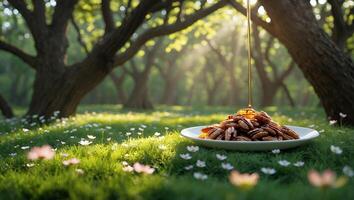 Pouring Honey Over Pecan Nuts on Plate in Spring Field photo