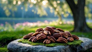 Pecan Nuts Pile Displayed on Mossy Stone with Garden Background photo