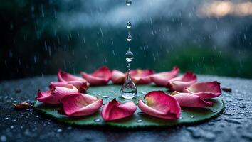 Falling Raindrops Create Beauty with Rose Petals on Leaf photo