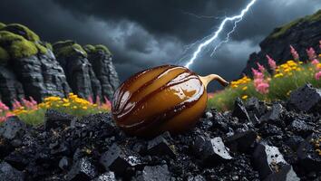 Fruit Under Lightning on Rocky Terrain with Mountain Background photo